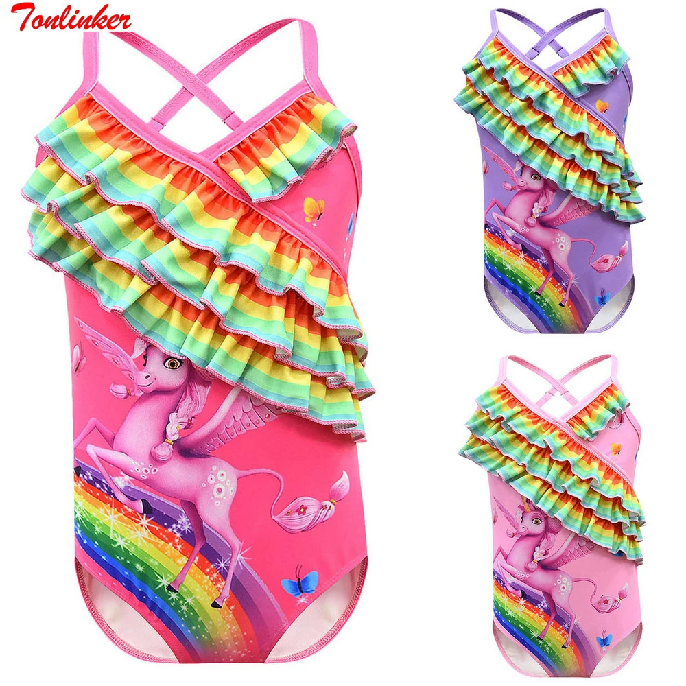 

Kids Swimwear Girl Unicorn one-piece Swimsuit Cross Suspenders Wimming Pool Entertainment Protective Beachwear 2-8 Years Old