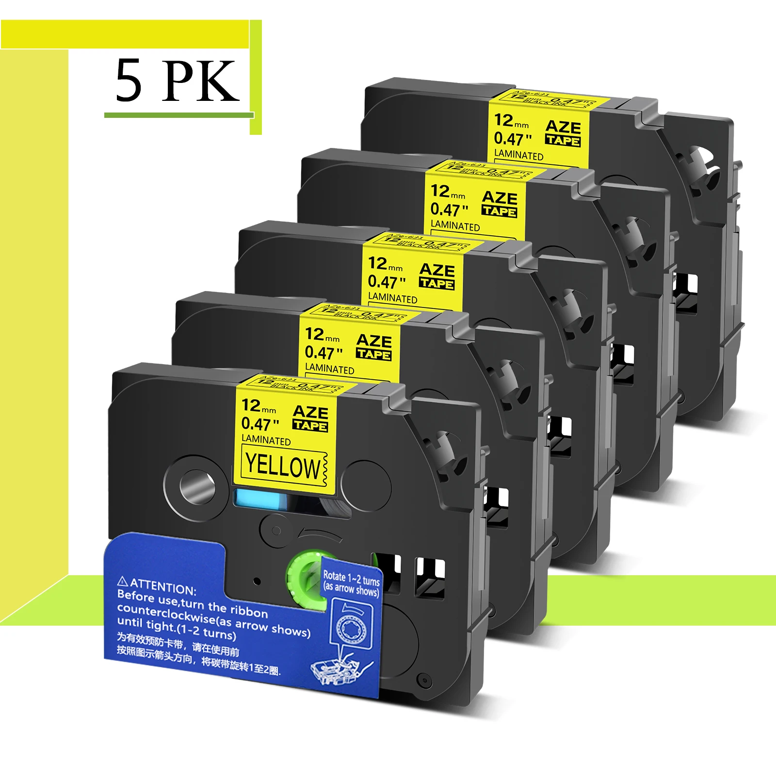 5PK лента для этикеток ламинированная черная на желтом совместимая с Brother TZe-631 12 мм