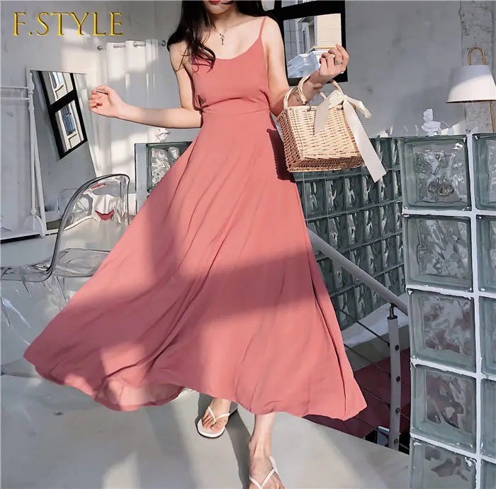 

F GIRLS Dresses Women Empire Sleeveless Solid Bow A-line Ankle-length Spaghetti Strap Backless Sexy Beach Party Holiday Vestidos