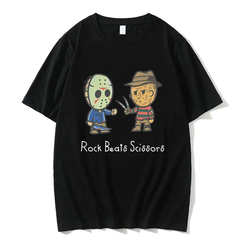 

Fuuny Rock Beats Scissors Vintage Cartoon Print T-shirt Scary Character Spooky Series Movie Ghostface Tshirt Men Oversized Tees