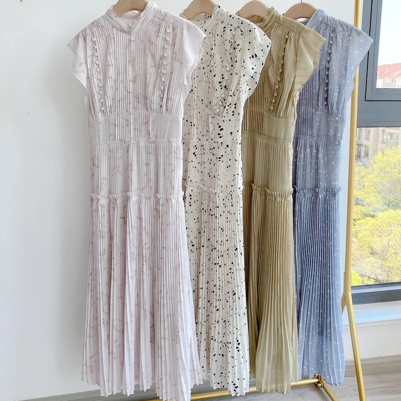 

Женское плиссированное платье-трапеция, элегантное ажурное платье с высокой талией и принтом, лето 2022