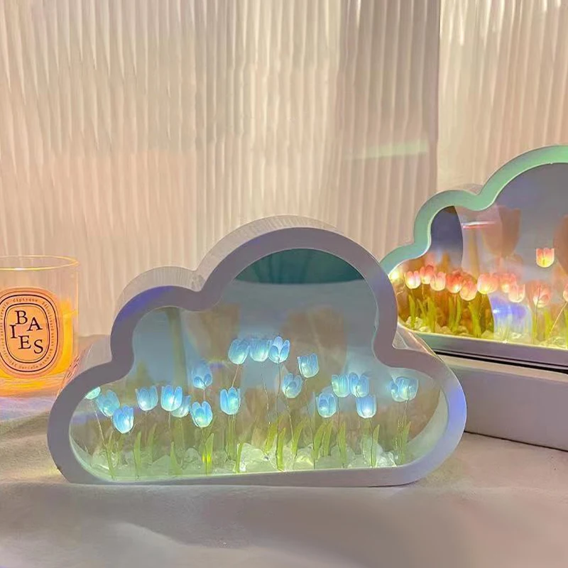 

INS DIY Cloud Tulip Mirror Ornament Handmade Small Night Light Heart Living Room Desktop Decoration Birthday Girl Gifts Holiday