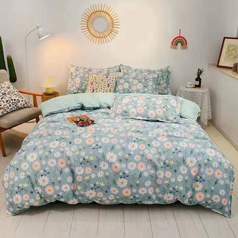 

3/4 Pcs Bedding Set Colorful Florals Printed Flowers Pattern Bed Cover King Size Home Soft Queen Duvet Cover Set with Pillowcase