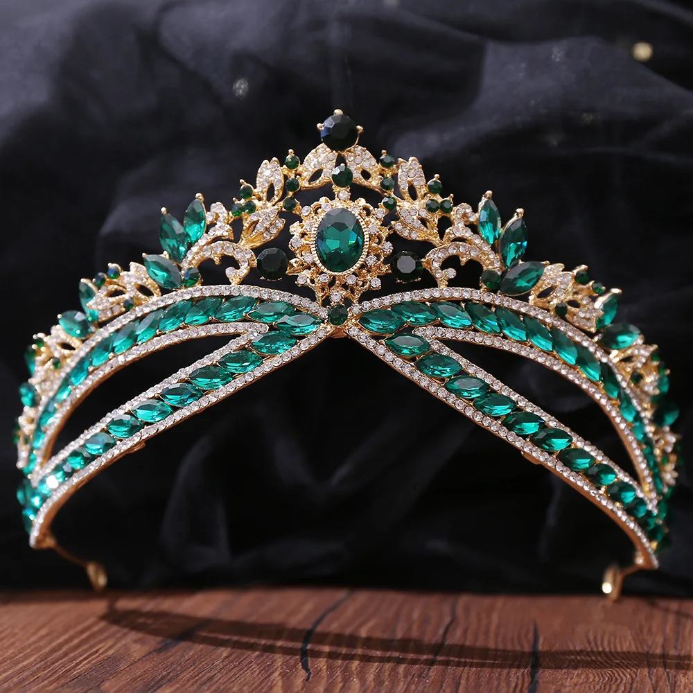 

Baroque Retro Green Crystal Geometric Bridal Tiaras Crown Rhinestone Pageant Diadem Headband Vine Tiara Wedding Hair Accessories