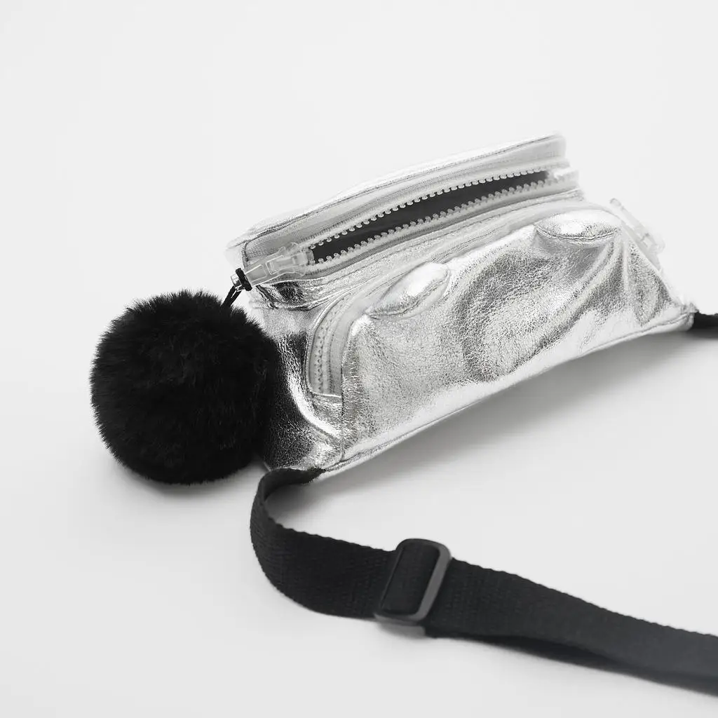 Children's Transparent Zipper Fur Ball Diagonal Cross Dog Silver Soft Leather Casual Waist Bag