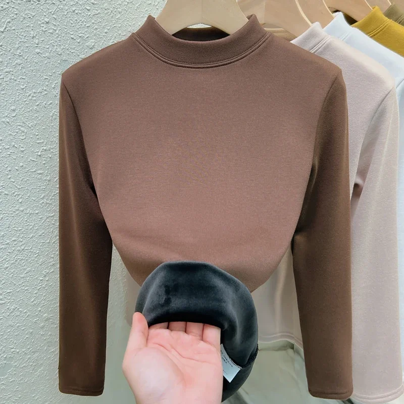 Модная женская блузка с воротником-стойкой белая бархатная утепленная длинным