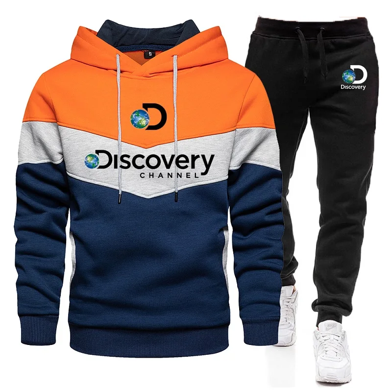 New patchwork Discovery Channel Men's Hooded Sweatshirt+Sweatpants Set Autumn Winter Warm Sportswear Set Men's Hoodie Pullover