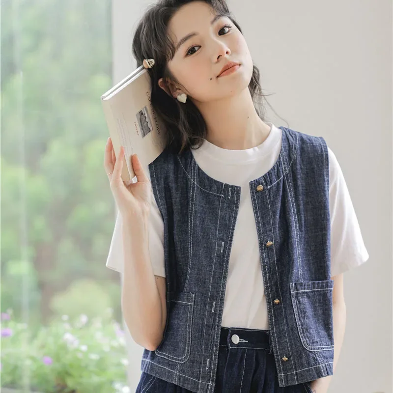 Лето 2023 новый стиль японский винтажный джинсовый жилет с круглым вырезом для