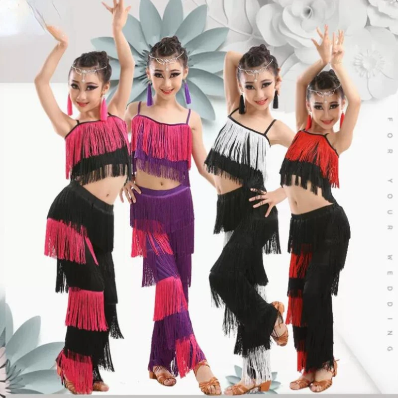 

Latin Dance Dresses Girls Ballroom Fringe Samba Costume Kids Salsa Tango Dance National Standard Competition Practice Costumes