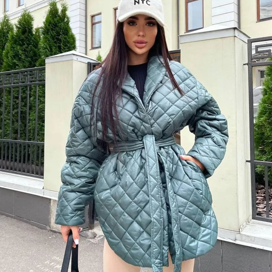 

Women's Winter Jacket Casual Turn Down Collar Loose Padded Long Belt Straight Overcoat Office Lady Outwear Woman Clothes