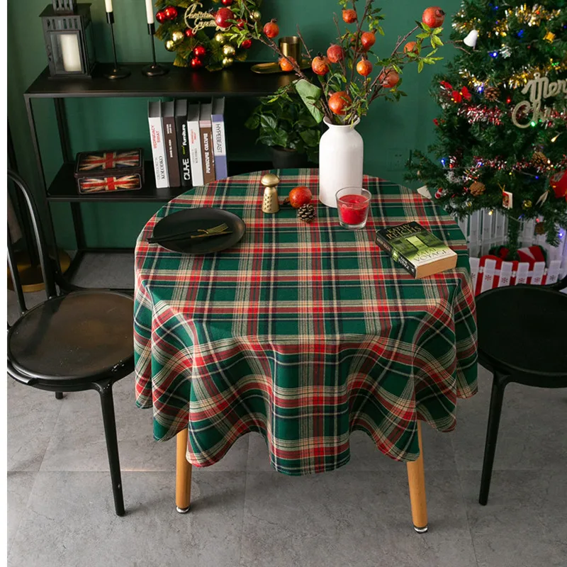 

Christmas Plaid Round Tablecloth Green Table Cover Cotton Linen Picnic Cloth Red Background Cloth Home Dinning Table Decoration