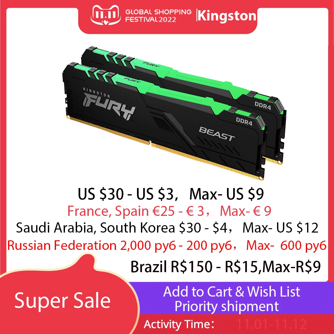 Kingston FURY Beast RGB 8 Гб 16 Гб 3200 МГц DDR4 CL16 настольная память одна палка KF432C16BBA/8 3600 МГц