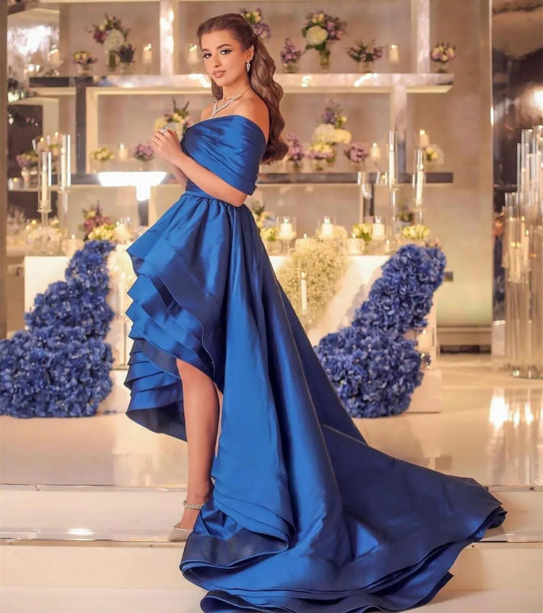 

Elegant Hi-Lo Blue Taffeta Evening Dresses فساتين السهرة Off Shoulder Asymmetrical Pleated Prom Dress Robe de soirée for Women