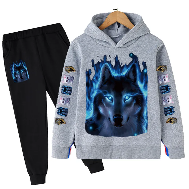 

4-14 Years Old Wolf Hoodies Sets Spring Autumn Children Animal Wolves Cotton Boy Girl Loose Hooded Tops Long Pants Costume Suits