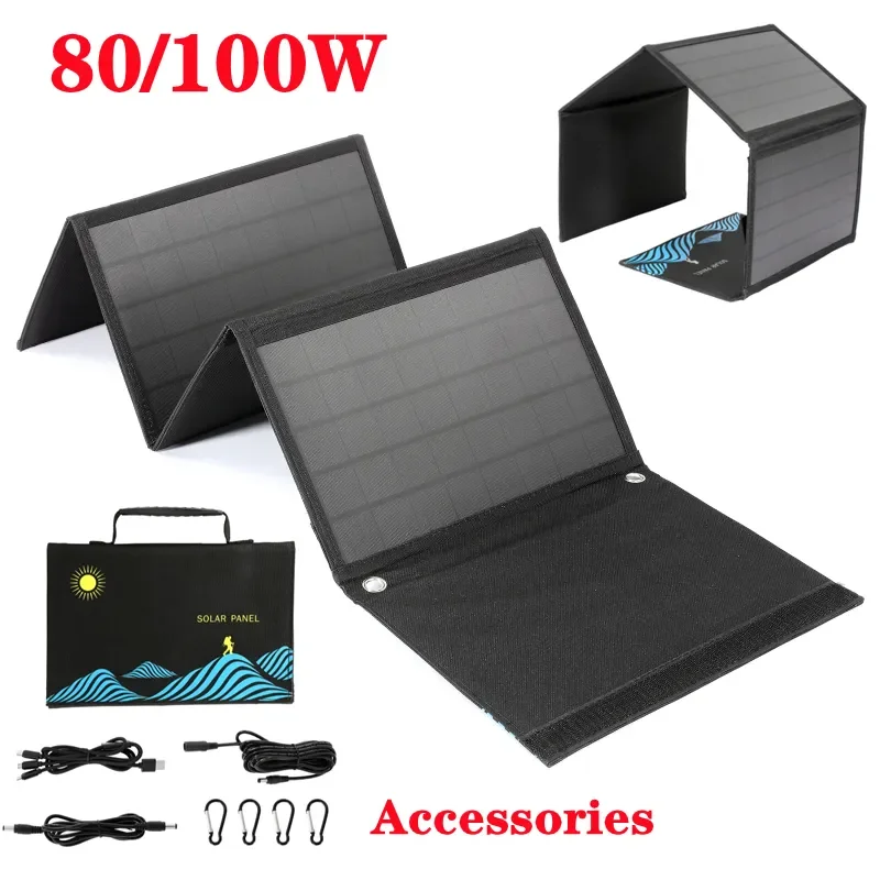 80/100W Solar Panel Folding Bag USB+DC Output Charger Device Portable Foldable Bag Outdoor Travel Hiking Campaing Power Supply