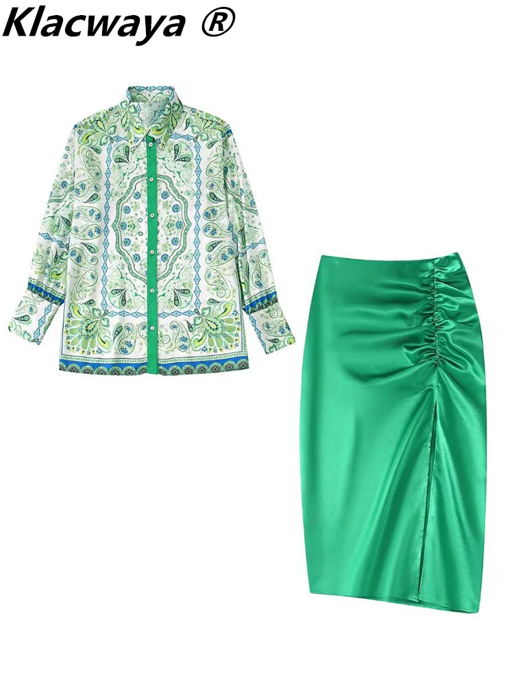 

Klacwaya Skirt Two Piece Set Skirt And Blouse Sets Women Clothing 2 Pieces Set Casual Women's Suit