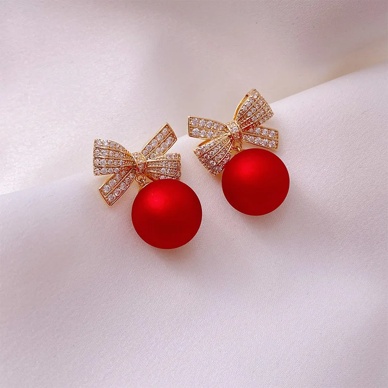 

Rhinestones Bow Red Pearls Stud Earrings for Woman Engagement Birthday Gifts Trendy Exquisite Jewelry Studs pendientes mujer