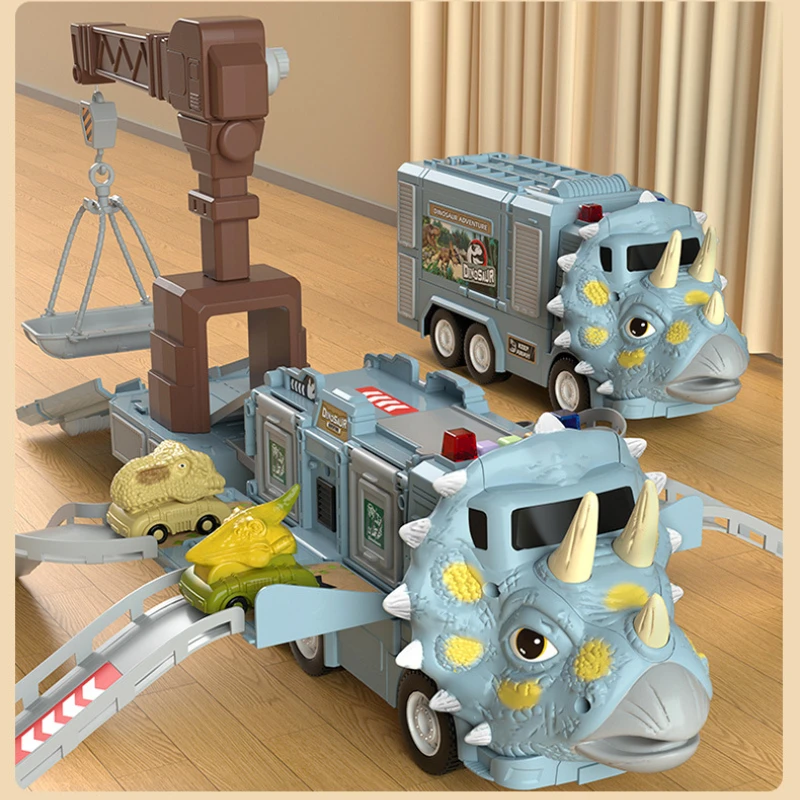 

New Dinosaur Truck Toy Children's Dinosaur Deformation DIY Track Car Light Music Ejection Storage Inertia Container Transport To