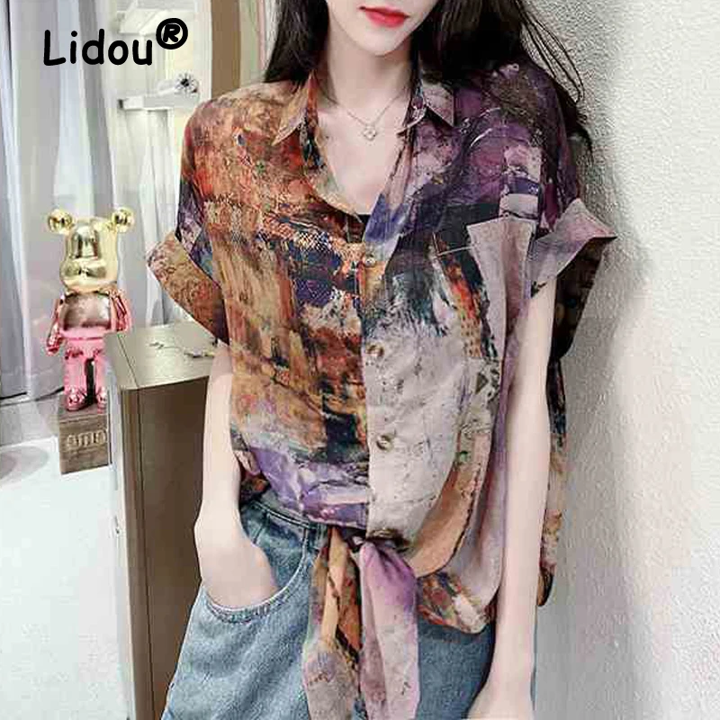 

Женские винтажные рубашки на пуговицах Harajuku с принтом, летние модные блузки большого размера с коротким рукавом, уличная одежда, повседневные женские топы