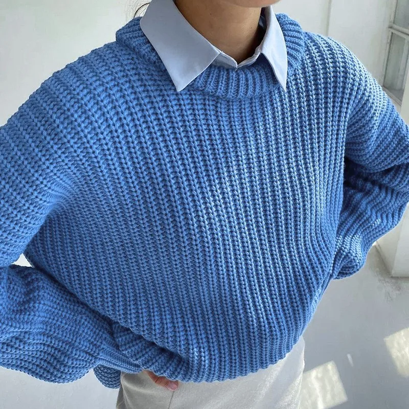 

2023 Autumn and Winter Loose Pullover Sweater Women Casual Round Neck Solid Color Long Sleeve Sweater Knit Coat