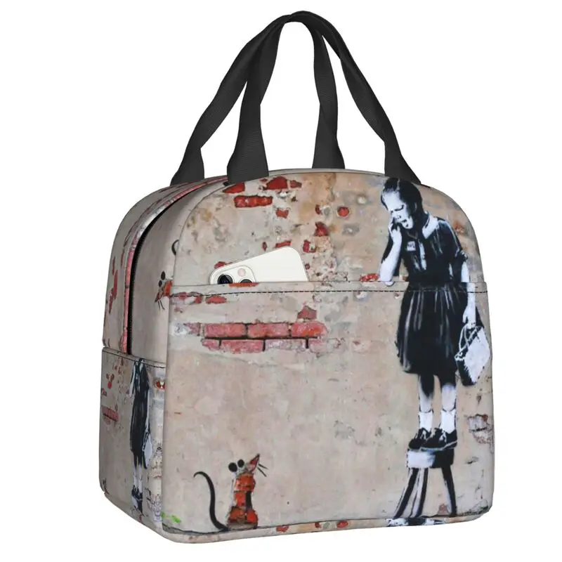 

Изолированная сумка для обеда с изображением девушки мыши или девочки на табурете для женщин, термальный Ланч-бокс с граффити Бэнкси для ул...