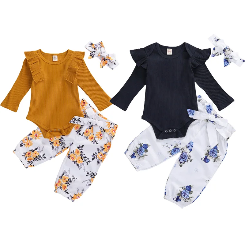 

Baby Girls Clothes Toddler Long Sleeve Solid Tops Ruffle Floral Print Pants Headband Spring Child Girl Newborn Set