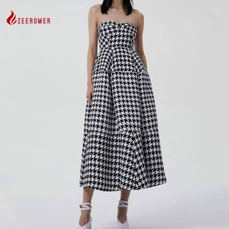 

2022 New Houndstooth Tweed Sexy Tube Top Dress Women High-End French Temperament Long Design Party Runway Dress Princess Dress