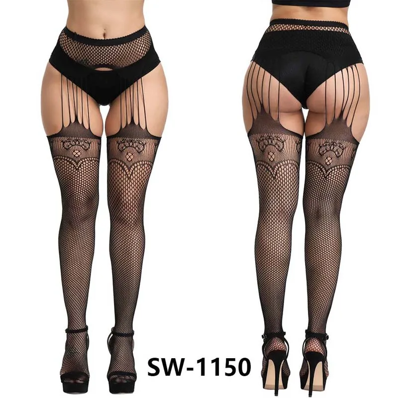 

Lady Sexy Fashion Elastic Fishnet Conjoined Garter Black Stockings Pantyhoses Lace Mesh Jacquard Women Bottoming Body Long Socks
