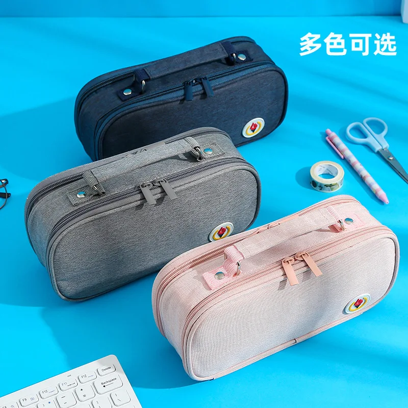 

Double Pencil Bag Big Capacity Canvas Solid Fabric Pen Storage Handle Cosmetic Pouch Gift Case School Supplies Stationery Holder