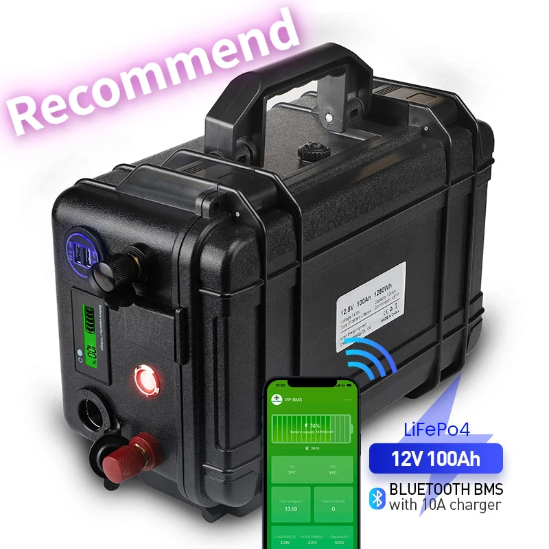 

Waterproof 12.8V 100Ah LiFePO4 Battery Pack Built-in Bluetooth BMS for Solar RV EV with Charger