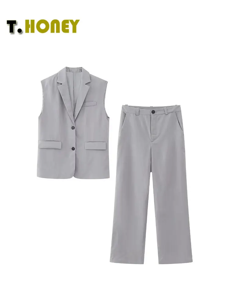 

TELLHONEY Women Fashion Notched Collar Single Breasted Vest Front Zipper Button Wide Leg Pants Casual Grey Two Piece Set