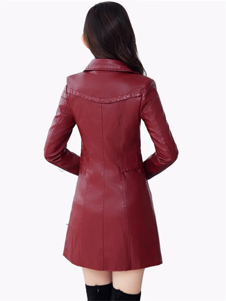 Faux Leather Jacket Women Black Red L-5XL Long Slim 2023 Spring Autumn New Fashion Temperament Casual PU Leather Coat Feminina enlarge