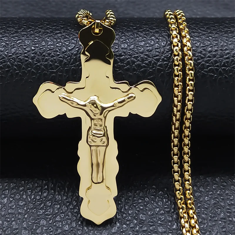 

Christian Jesus Cross Necklace for Men Women Stainless Steel Gold Color Religious Easter Neck Chain Prayer Baptism Jewelry Gifts