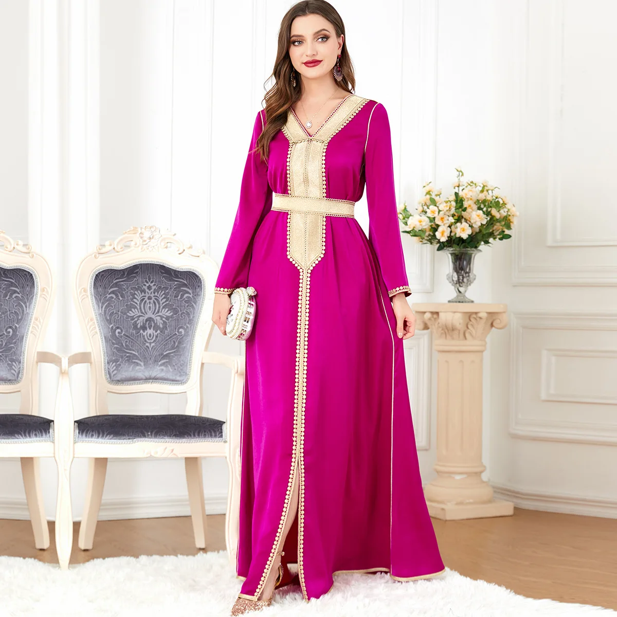 Ramadan Abaya Arabic Long Dress for Women Lace Trim Belted Gulf Jalabiya Evening Gowns Muslim Eid Moroccan Kaftan Islam Clothing