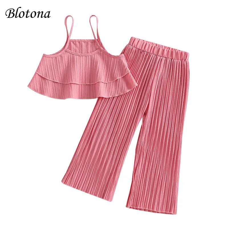 

Blotona Girls Summer Casual Set Solid Color Ruffles Sleeveless Sling Tank Tops and Elastic Waist Pleated Wide-Leg Pants 3-7Years