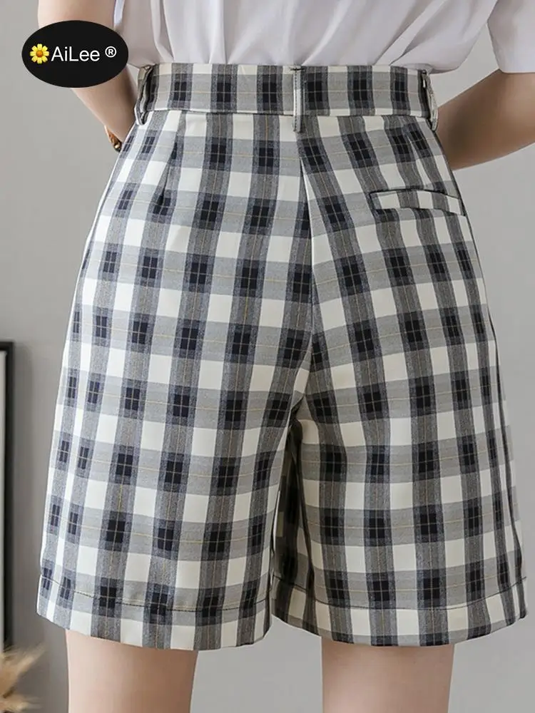 New 2021 Summer Autumn Women Shorts Wide Leg High Waist Fashion Plaid Girl Students Checkered Lady Shorts Holiday Vacation