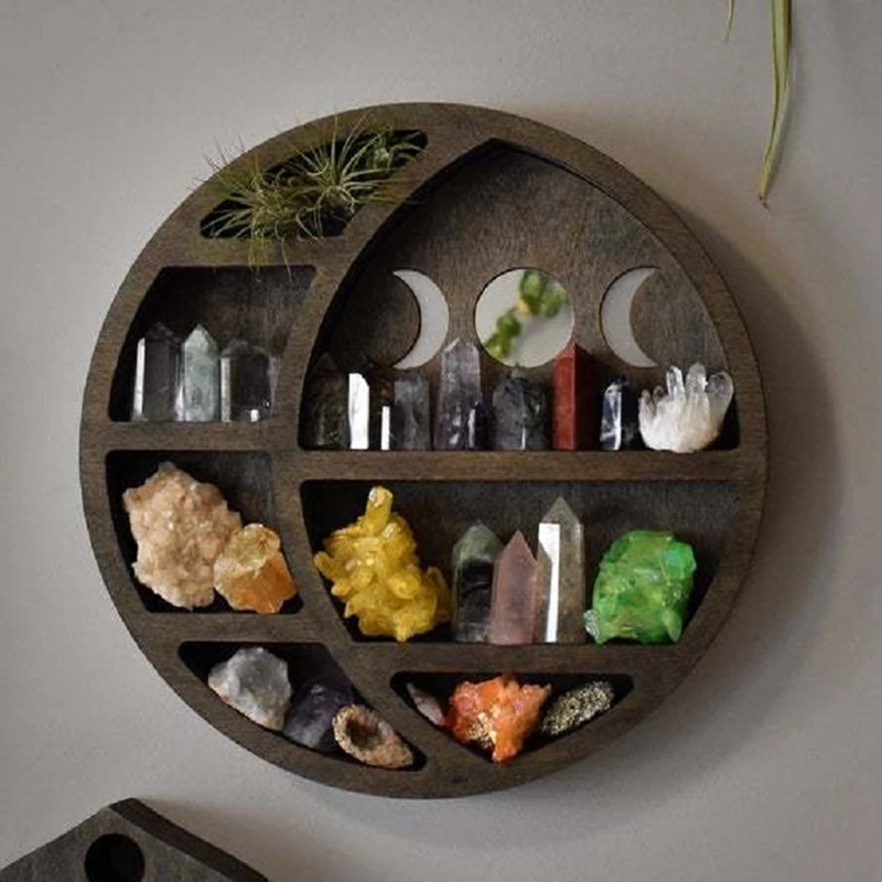 

Crescent Moon Crystal Wooden Shelf Boho Hanging Gothic Decoration For Stones Crystals & Essential Oils Display Rack