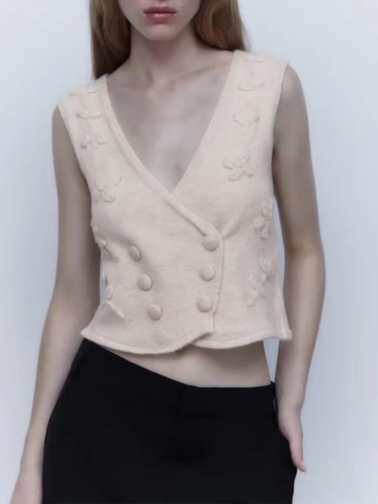 

TRAF 2022 Women 3D Floral Knitted Vest Sweater Solid Vintage V-neck Sleeveless Tops Female Waistcoat Chic Double Breasted Tops
