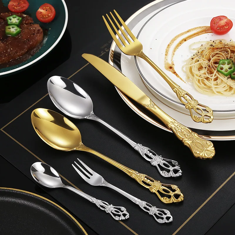 7Pcs/Set Stainless Steel Knife Fork And Spoon Retro Imperial Court Totem Hollow Relief European Tableware Silver And Gold