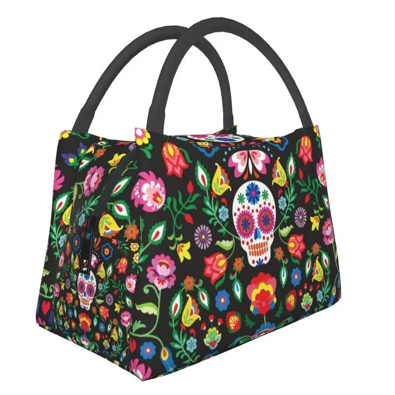 Winter Norse Warmer Comfortable Two Layer Mexican Sugar Skulls Day Of The Dead Flowers Thermal Insulated Lunch Bags Food Box
