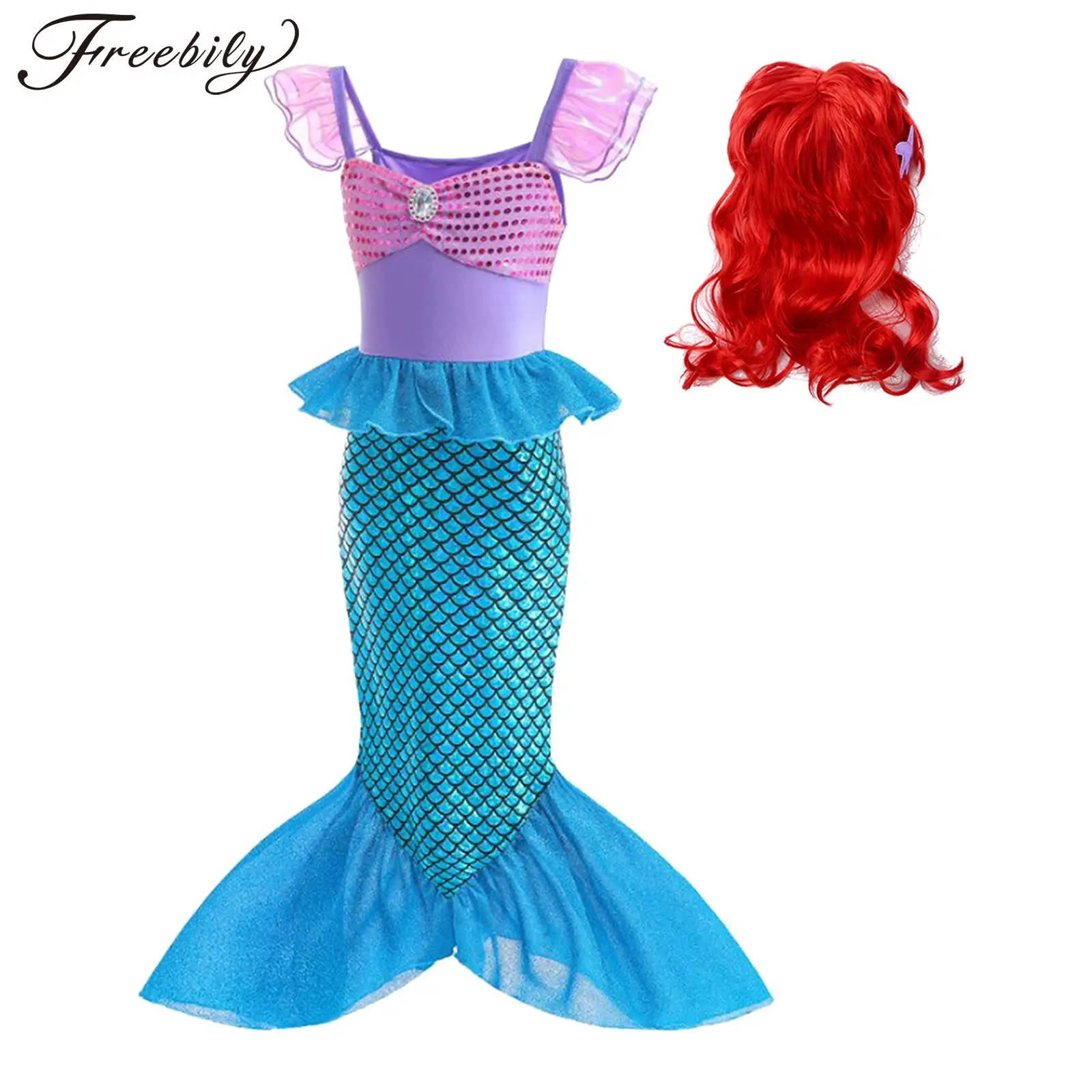

Kids Girls Mermaid Princess Cosplay Costume Sequin Fish Scales Print Fishtail Dress with Starfish Wig for Halloween Theme Party