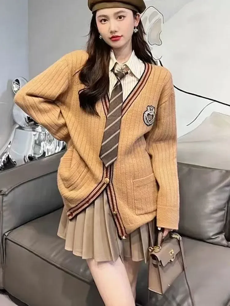 

Girl School Long Sets Women Coat Winter Korea School V-neck Stripe Sleeve Uniform Japan Uniform Knitting Cosplay Cardigan