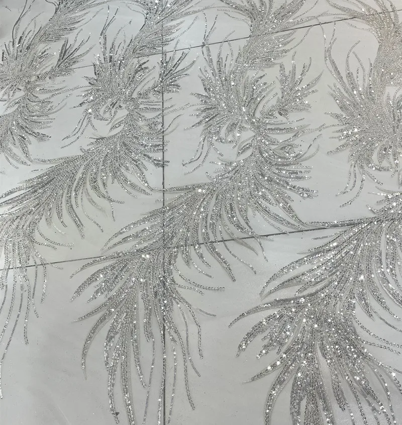 

2023 Silvery Beading Embroidery Feather Wings Tulle Lace Fabric French Fabric DIY Designer Fabric Sell By Yard