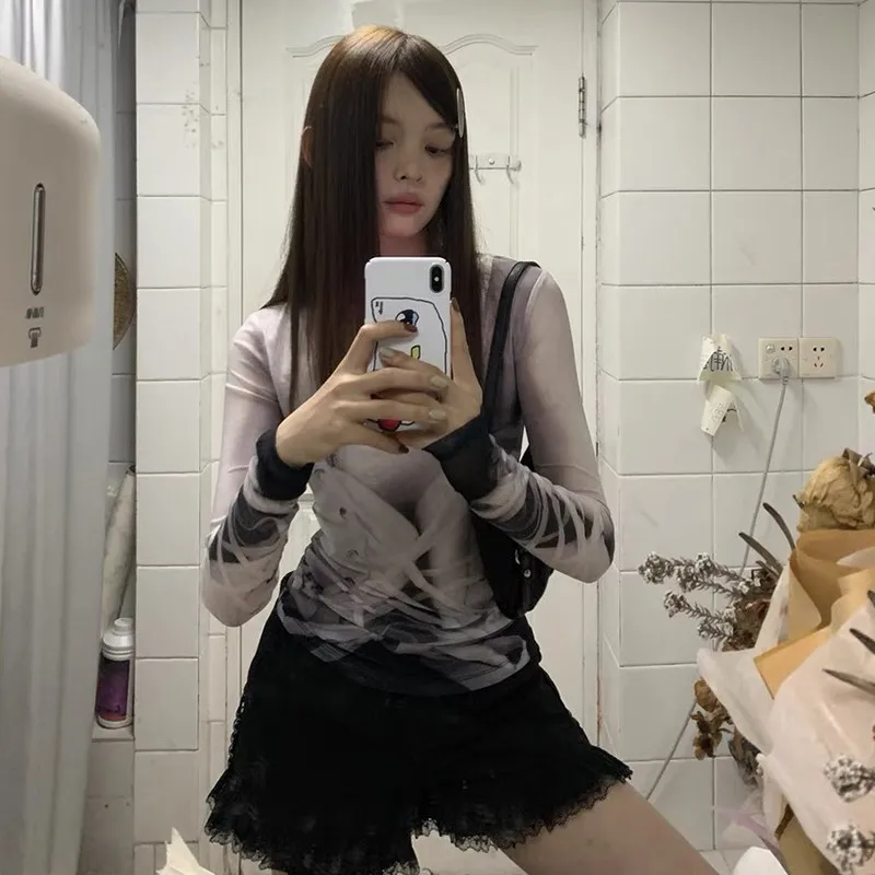 Футболка женская сетчатая в готическом стиле с принтом Y2k