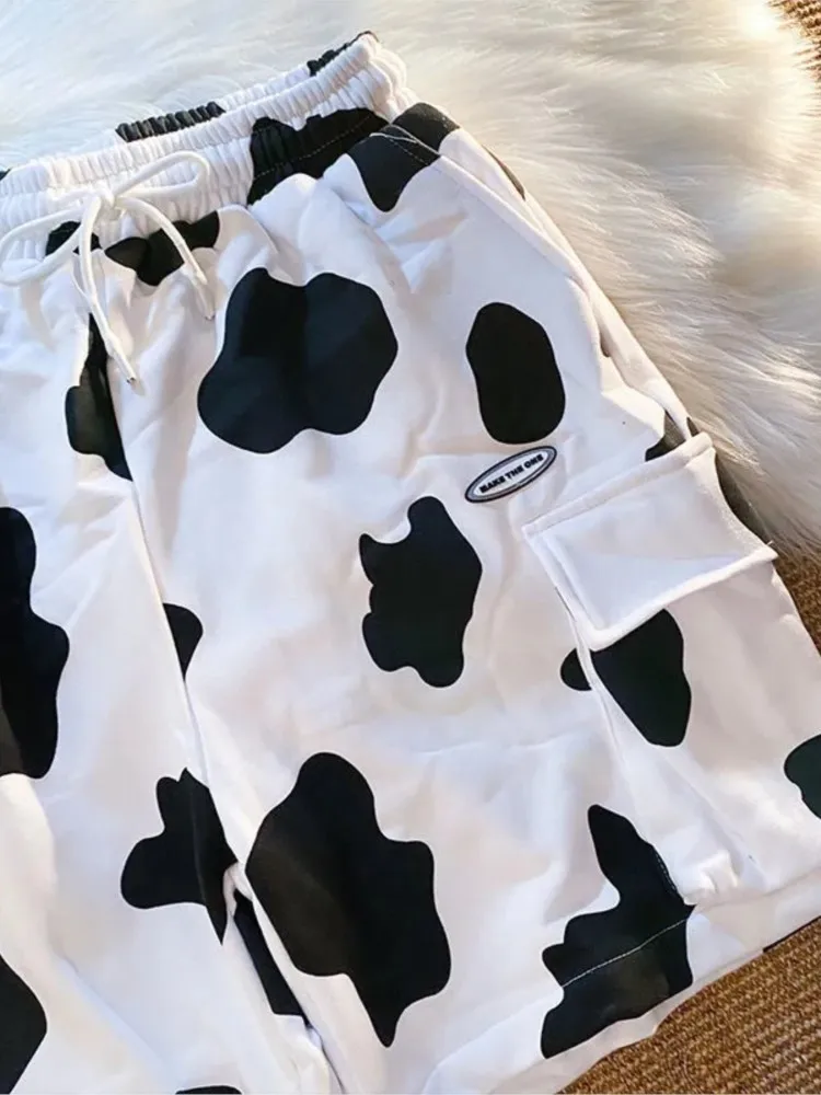 

2022 y2k ins cute cow cargo shorts summer Korean casual loose vintage women's street style Harajuku high waist straight shorts