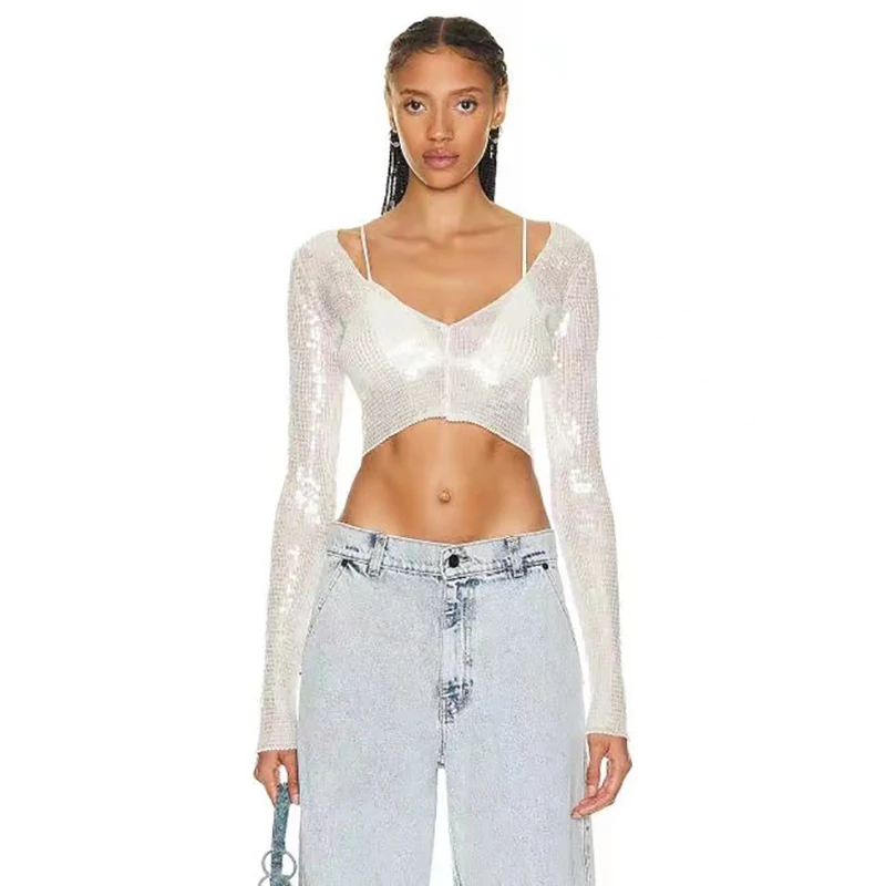 

2023 early autumn new fashion Slim short section waist heavy sequin v-neck thin section knitted sweater jacket y2k women's tops