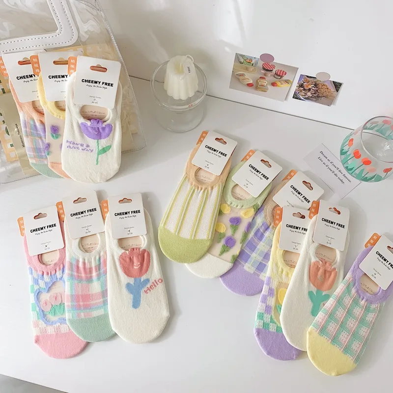 

Lovely Korean Blue Socks Ship Socks Spring and Summer Cotton Japanese Fashion Tulip Flowers Low Cut Socks Cute Socks Mori Girl