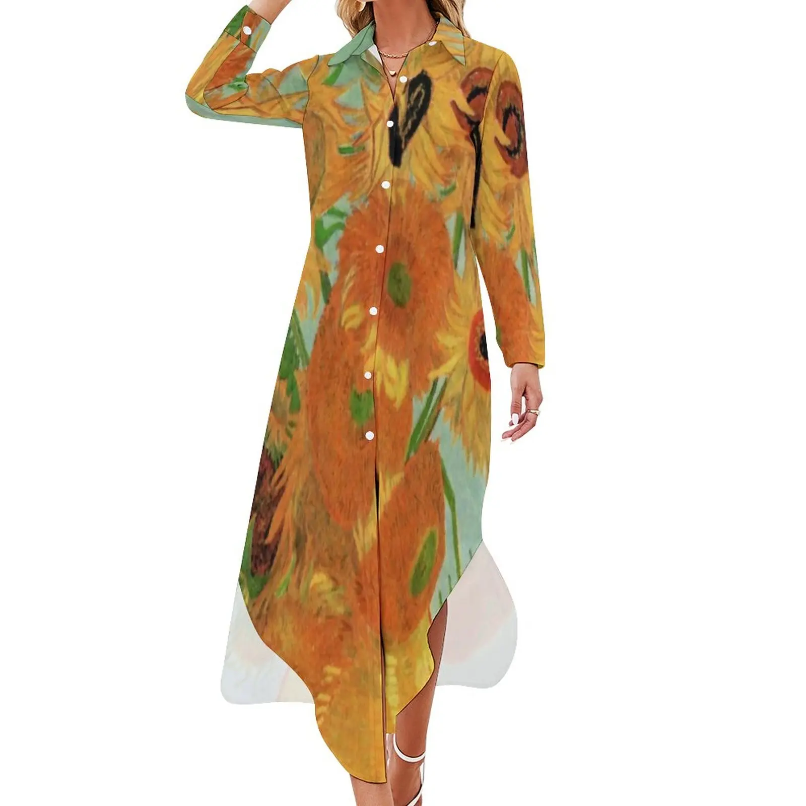 

Vase With Sunflower Chiffon Dress Sexy V Neck Sunflowers by Vincent Van Gogh Trendy Dresses Aesthetic Casual Dress Birthday Gift