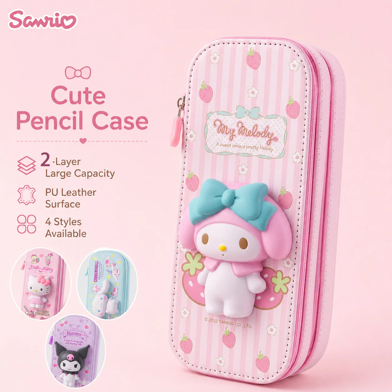 Фото Пенал Sanrio My Melody 3D для снятия стресса, из искусственной кожи, большой вместимости, двухслойный, милый мультяшный пенал-коробка для канцелярии №1