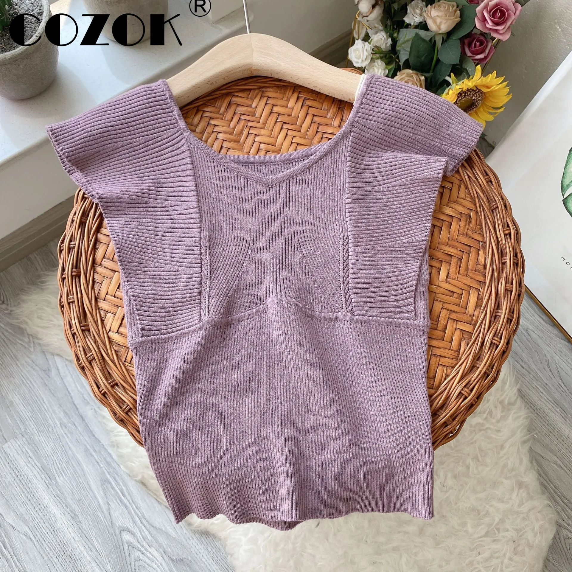 

Cozok Japanese Jumpers Fashion Pullover Small Flying Sleeve Solid Slim Thin New 2022 Summer Knitted Temperament Top